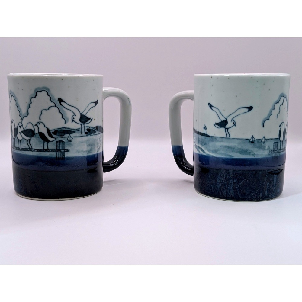 Vintage Seagull Coastal Stoneware Otagiri Japan Coffee Mugs Set of 2
